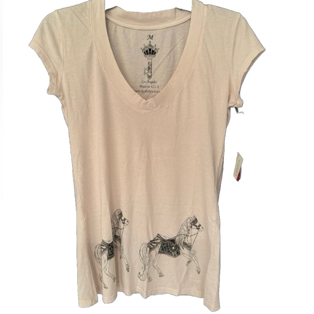 Key Closet Cream Women’s Carousel Horses Swarovski Studded Tee Size Medium - Picture 2 of 12